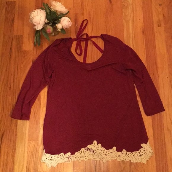 Charming Charlie Tops - Beautiful Burgundy 3/4 Sleeved Top w/ crochet hem